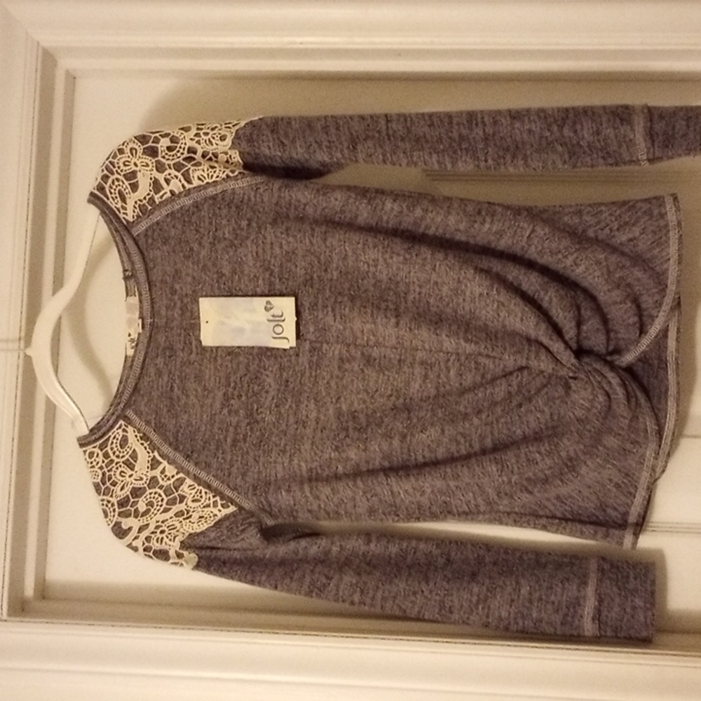 Blue navy, sweater top with crochet details across shoulders and back
